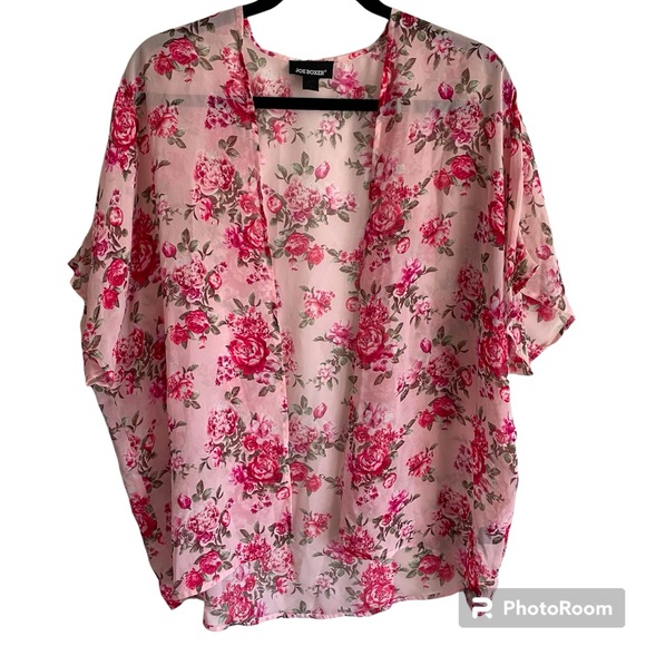 Joe Boxer Pink Floral Short Sleeve Open Kimono Cover Up Cardigan - Picture 2 of 7